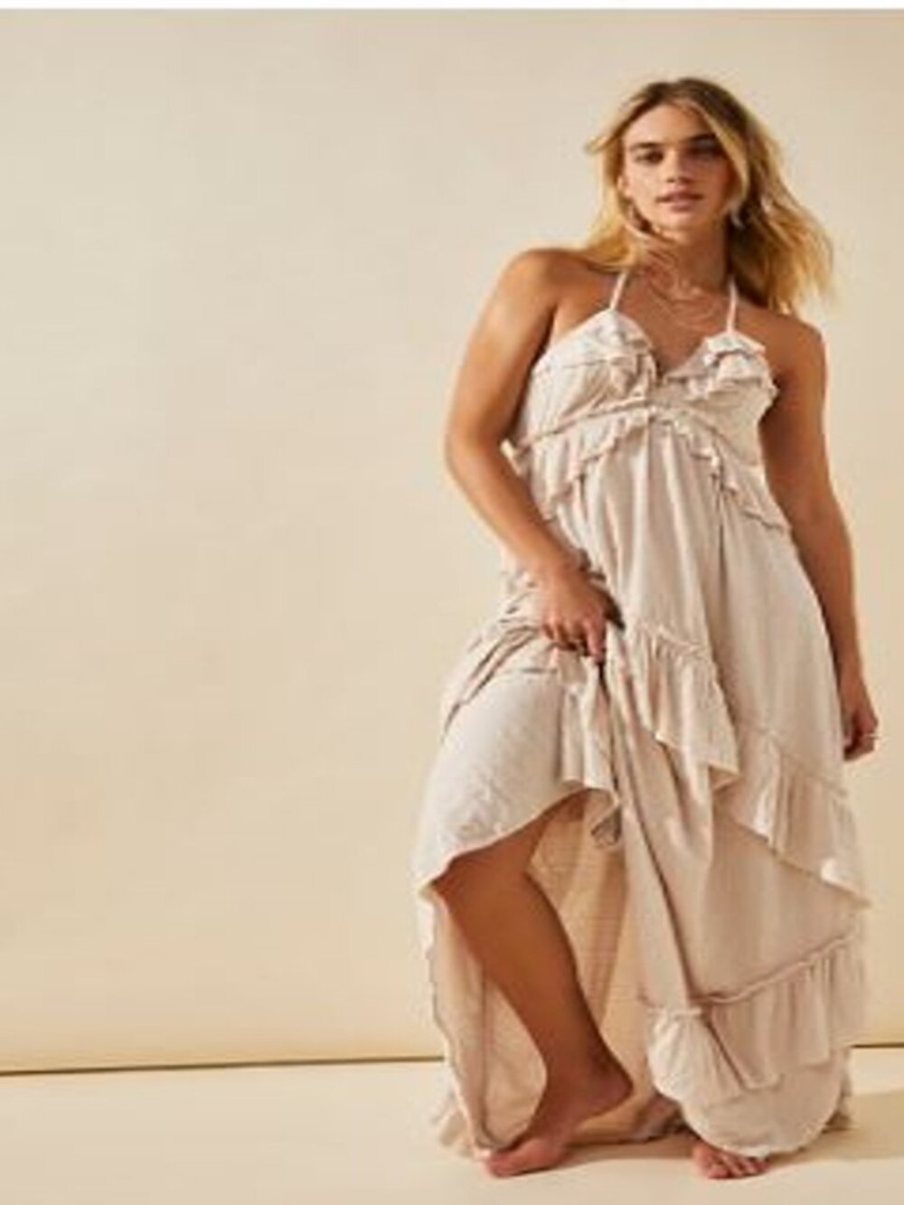 Free People Beach | Santa Luz Maxi Dress Ruffle Halter Open Back Pink XL - Picture 2 of 14